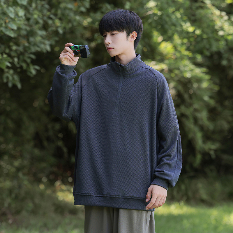 Spring and Autumn Men's Loose Fit Quick-Dry Half-Zip Stand Collar Sports Long Sleeve Running Fitness Breathable Casual Versatile