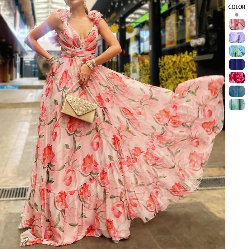 2026 Summer New Cross-Border Women's Fashion Printed Back-Tie Flared Elegant Long Dress for Women