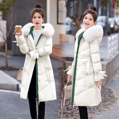 Women's Mid-Length Down Jacket with Cotton Insulation - Fashionable, Korean Style, Fitted, Thick, Waist-Close, Trendy