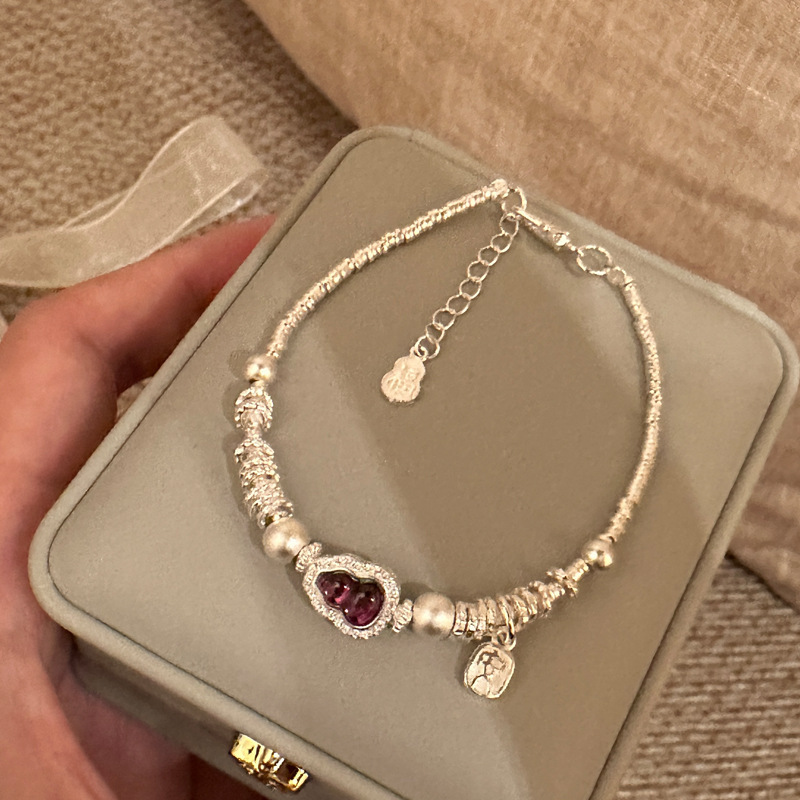 Sterling Silver Bracelet New Simple 925 Amethyst Gourd Plate Wrapped with Broken Silver Silver Bracelet Adjustable Silver Bracelet