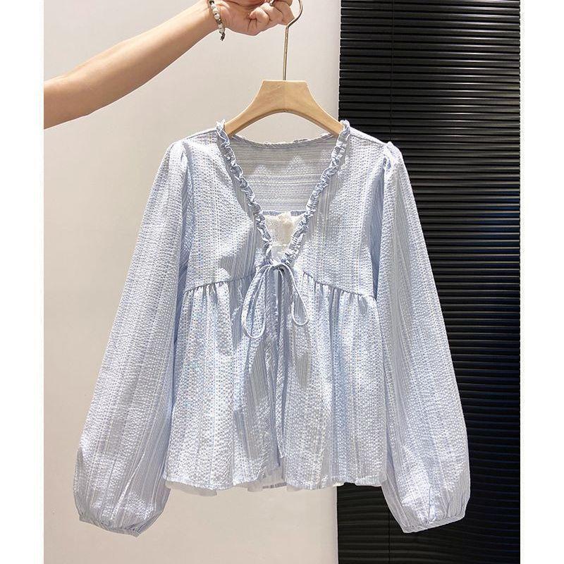 Two-piece early autumn lace-up shirt 2026 new style loose casual long-sleeve doll top with off-shoulder design and high elasticity dyeing
