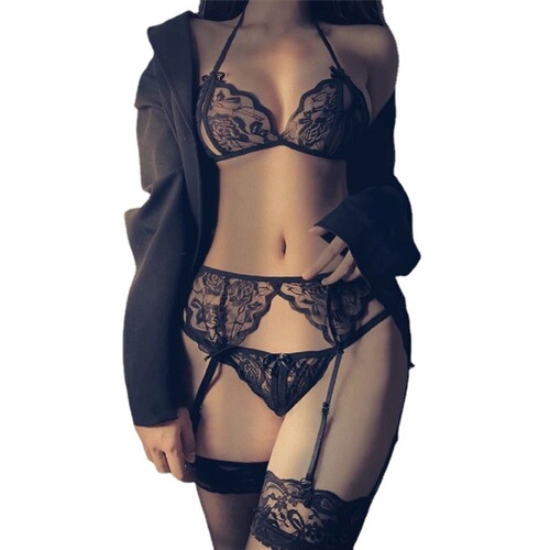 Sexy women's open-top t-pants suit three-point bikini sexy lingerie lace-up temptation T-string one piece drop shipping