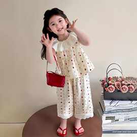 新款韩版女童夏季无袖套装蕾丝边裤子甜美上衣公主风背心裙