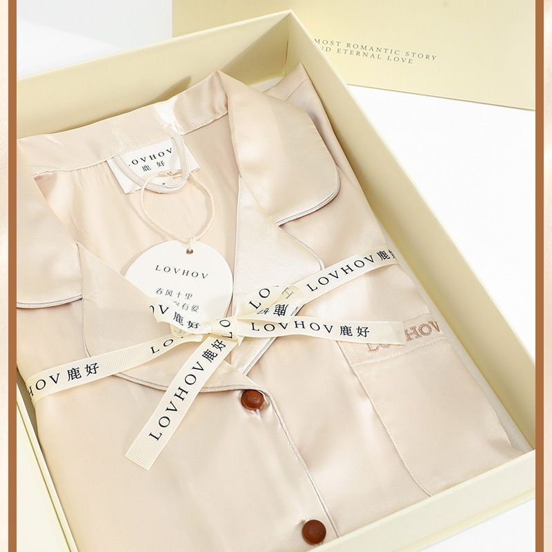 2026 Spring/Summer French-Style Ice Silk Pajamas for Women, Cardigan, Light Luxury High-End Custom Design, Long-Sleeve Loungewear, Birthday Gift