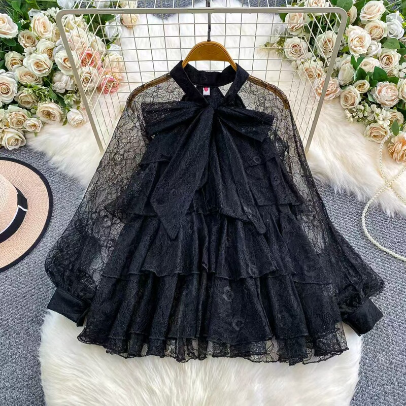 Fairy-Like Lace Blouse for Women, Autumn and Winter Elegant Socialite Style, Bowknot Round Neck Shirt with Layered Ruffle Design