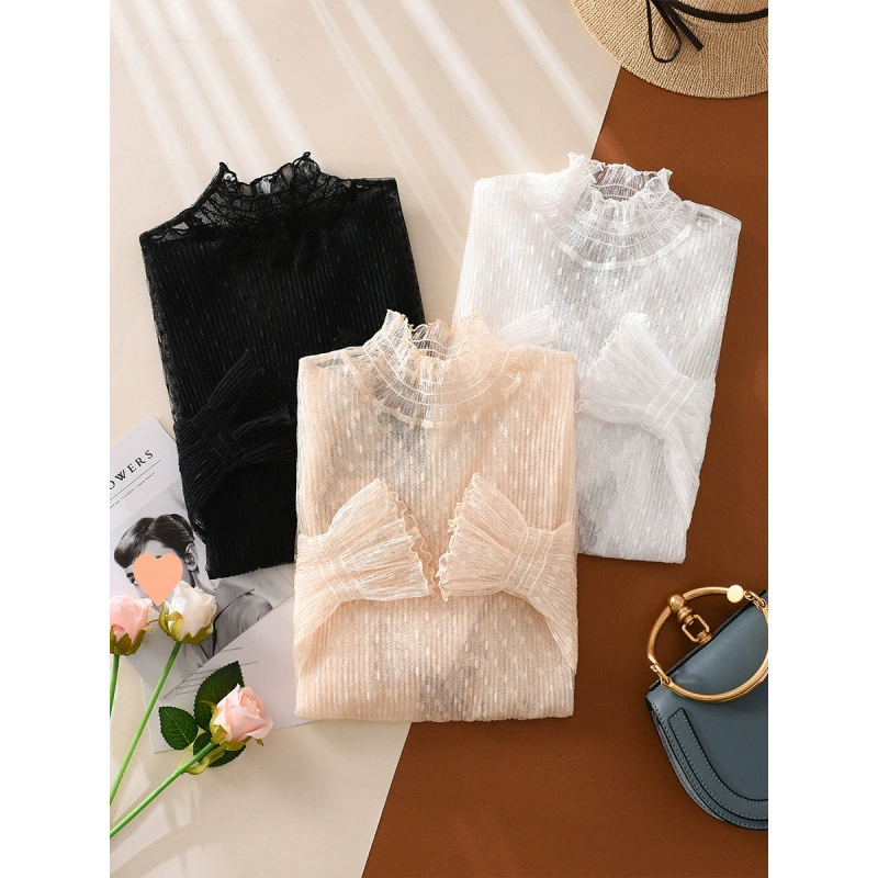 Кружевная нижняя рубашка с высоким воротником женская осень-зима