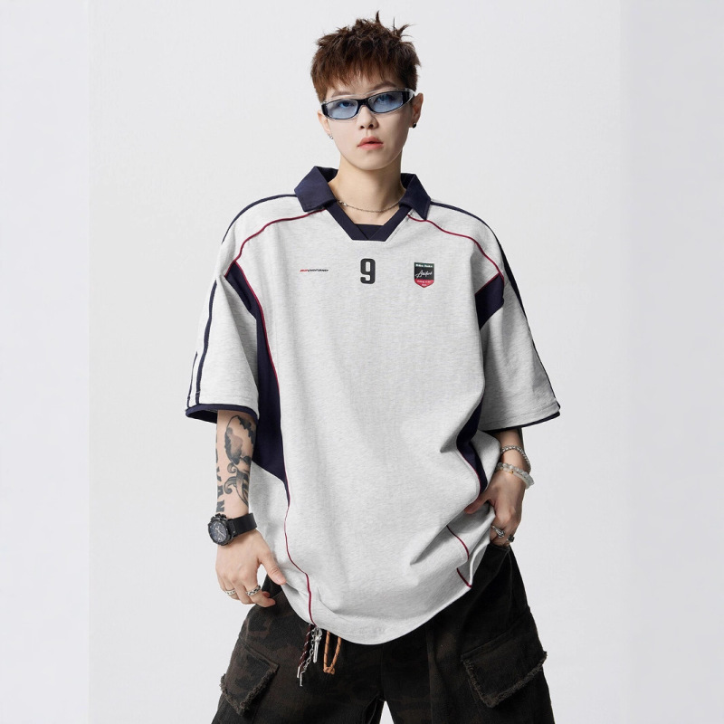 Cross-Border Jersey T-Shirt Men's American Contrast Retro Sports Style Motorcycle Short-Sleeved Cleanfit Summer Top