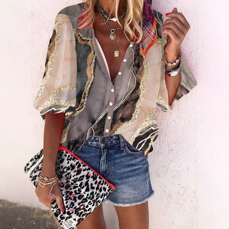Cross-Border Women's Printed Tops Western Ethnic Style Geometric Printed Three-Quarter Sleeve Women's Shirts Cross-Border Women's Printed Tops Western Ethnic Style Geometric Printed Three-Quarter Sleeve Women's Shirts