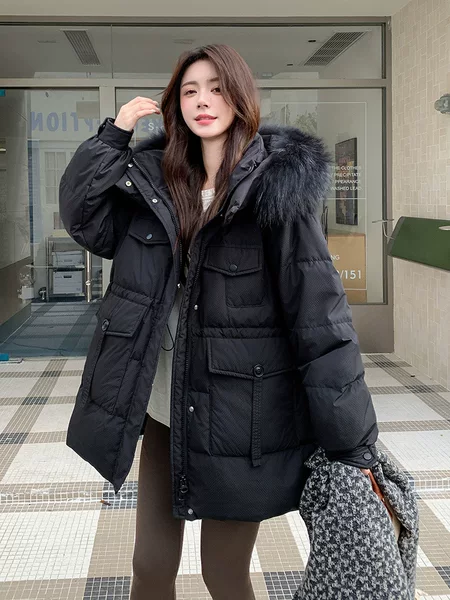 2025 Winter Extra Large Size 125kg Black Gold Label Plus Size Hooded Raccoon Fur Collar down Jacket 229
