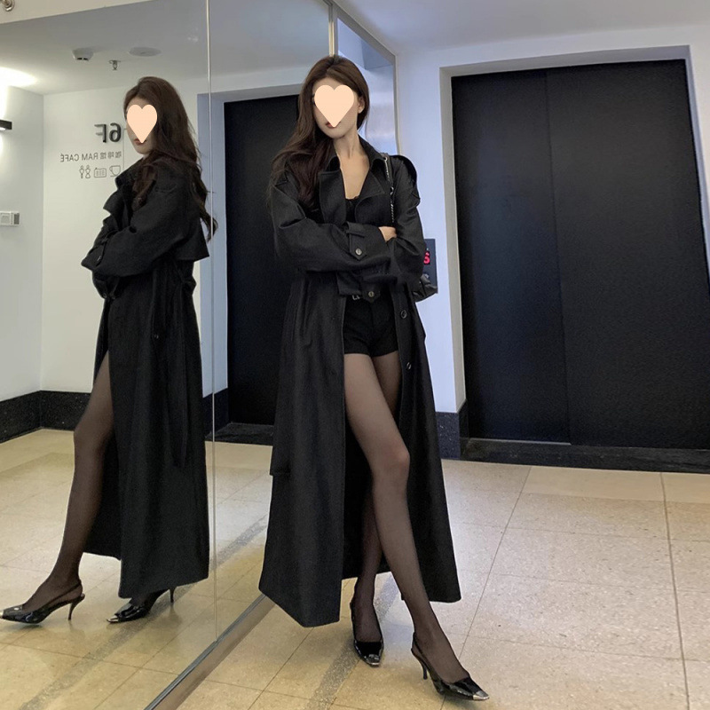 "Show Killer Move" 2024 New Autum Black Royal Sister Denim Lapel Long Ankle-Length Windbreaker