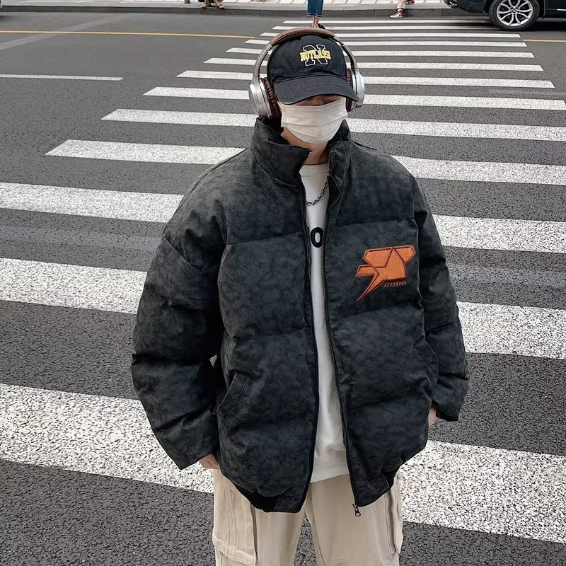 Estilo americano retro pareja suelta marca de moda pan abrigo de algodón acolchado de los hombres de la calle hip hop abrigo de algodón acolchado bordado de invierno