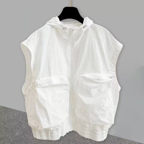 Pure Color Workwear Sleeveless T-Shirt for Men, Summer Korean Version Fashion Loose 3D Pockets Design Cardigan Backless Vest