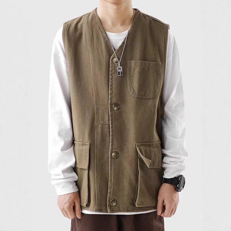 Trendy Japanese-Style Workwear Jacket Vest for Men, Spring and Autumn Ins Fashion Retro Vest Workwear Sleeveless Vintage Jacket