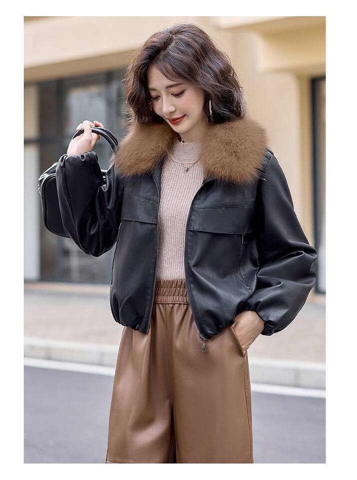 Áo khoác da PU dáng ngắn nữ lót lông cổ lông, phong cách thanh lịch — Trang chủ, đen chi tiết 6