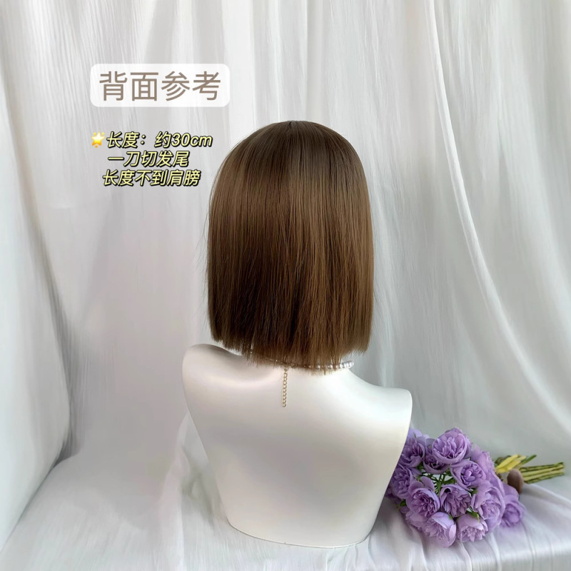 假发亚麻灰棕一刀切短发女全头套前额蕾丝高温丝日常|undefined