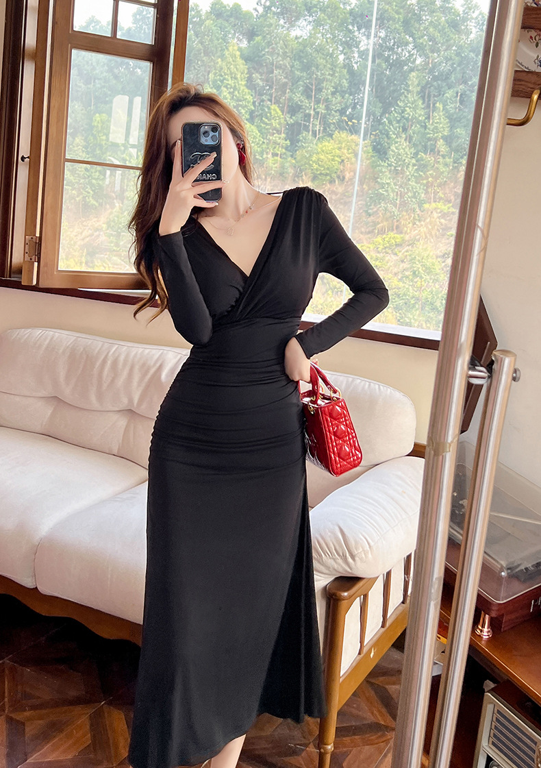 Đầm maxi nữ cổ chữ V thắt eo hở lưng phong cách Pháp — Màu đen chi tiết 11