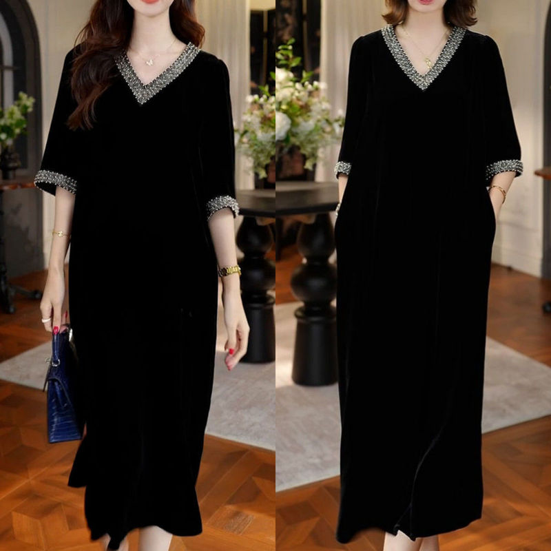 Cross-Border 2026 New Fashion Heavy Beaded Mask Velvet Slimming and Elegant Dress