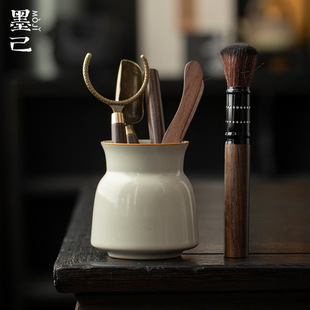 Moji Ruyao Beige Household Ceramic Tea Ceremony Six Gentleman Tea Set Accessories Ebony Pot Pen Tea Holder Tea Spoon