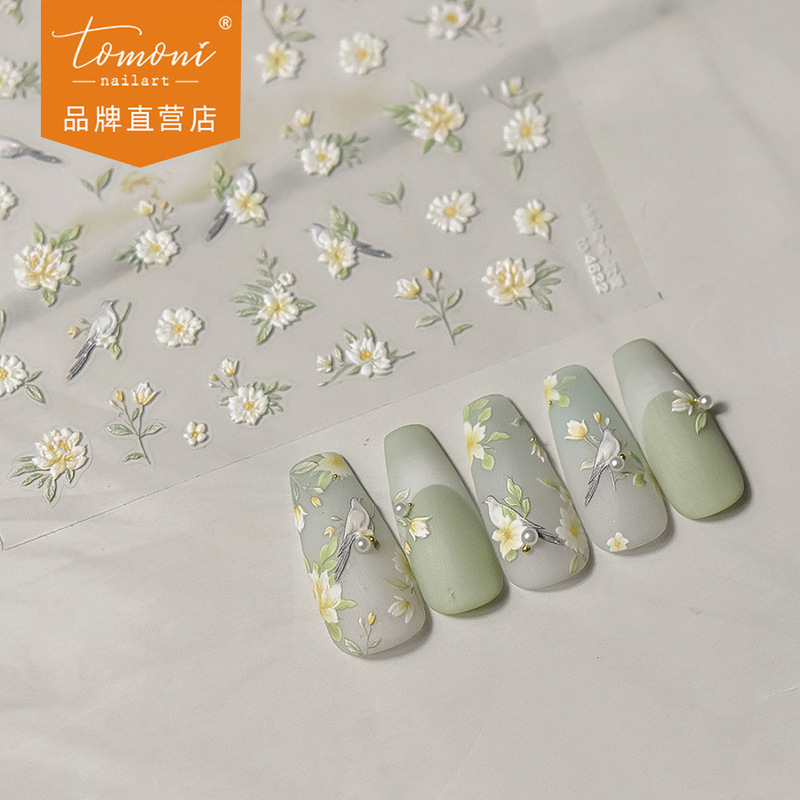 Tomoni Embossed Nail Art Stickers Literary and Elegant Style Nail Stickers Factory Wholesale Camellia and Bird Flower Stickers Tomoni Embossed Nail Art Stickers Literary and Elegant Style Nail Stickers Factory Wholesale Camellia and Bird Flower Stickers