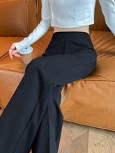 黑色侧拉链西装裤女春季2024新款高腰窄版直筒阔腿小个子微喇叭裤