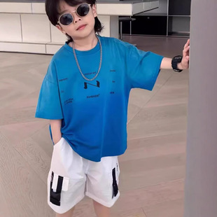 2024 New Boys Summer Short-sleeved T-shirt Big Boys T-shirt Children Handsome Summer Trendy Brand T Upper Clothes Half-sleeved