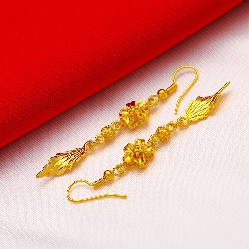 Vietnam sand gold earrings women brass gold plated leaf earrings earrings long tassel earrings jewelry_voghion.com