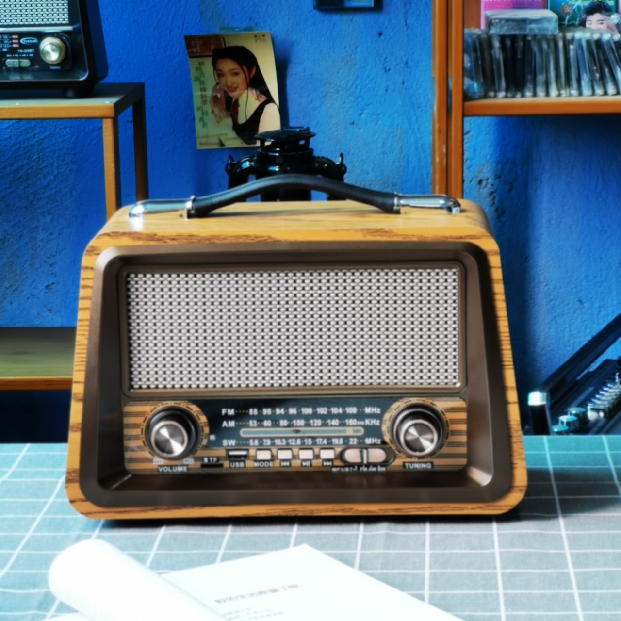 Tarjeta de radio retro, audio Bluetooth, FM nostálgico, onda media, onda corta, nueva nostalgia de escritorio de madera