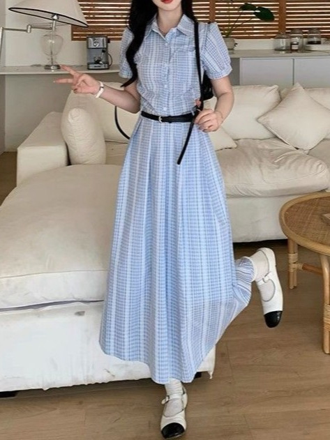法式蓝色小清新条纹翻领连衣裙女夏季新款高级感气质收腰衬衫长裙|undefined