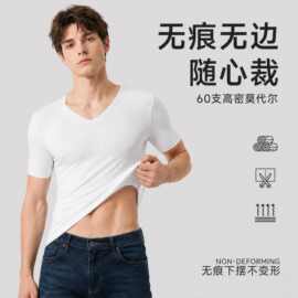 夏季冰丝无痕男士短袖纯色T恤V领半袖上衣服薄款打底衫修身内衣