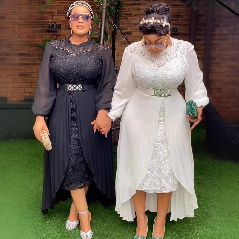 Nigerian African White Heavy Lace Dress with Chiffon Patchwork, Plus-Size Wedding and Party Dress