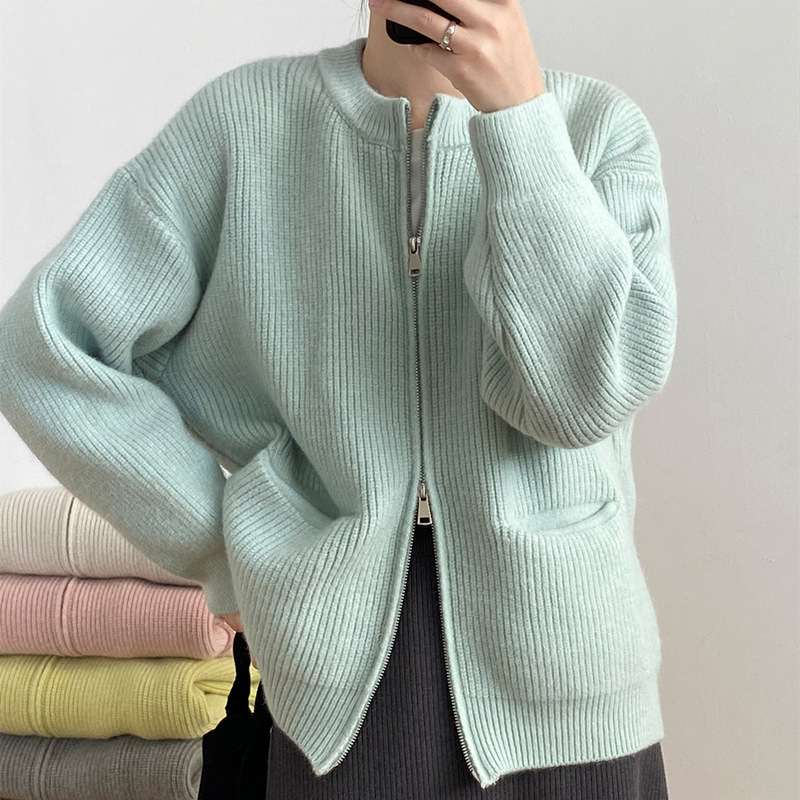 Retro solid color spring cardigan with zipper