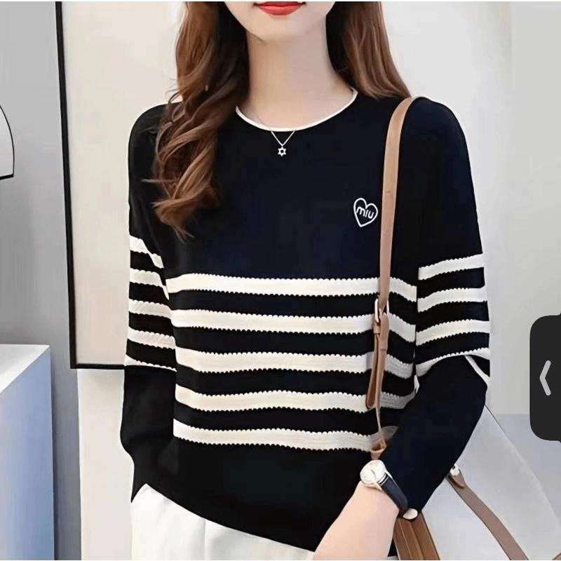Plus Size Women's Heart Embroidery Loose Fit Slimming Round Neck Knitted Base Layer Top
