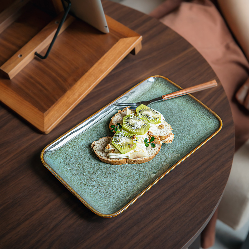 Bobbi verde retro textura rectangular platos de bocadillos de cerámica platos de sushi japonés exportación transfronteriza