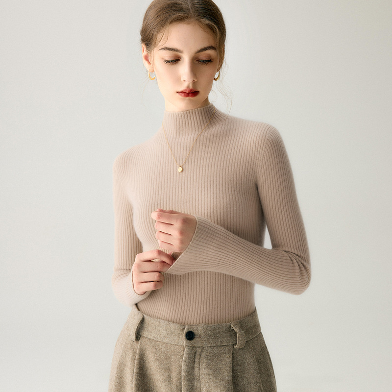 100% Pure Cashmere Sweater Women's Half Turtleneck Striped Slim Sweater 2025 Autumn and Winter Pullover Knitted Bottoming Shirt