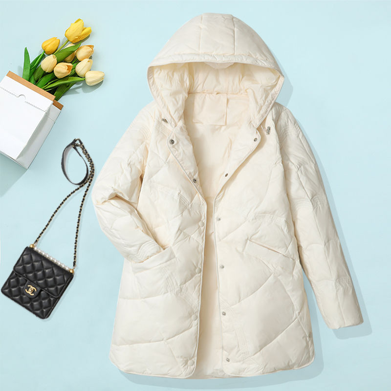 Winter 2025 New Lightweight down Jacket Women's Mid-Length Hooded Loose Large Size Thin Jacket Off-Season Clearance