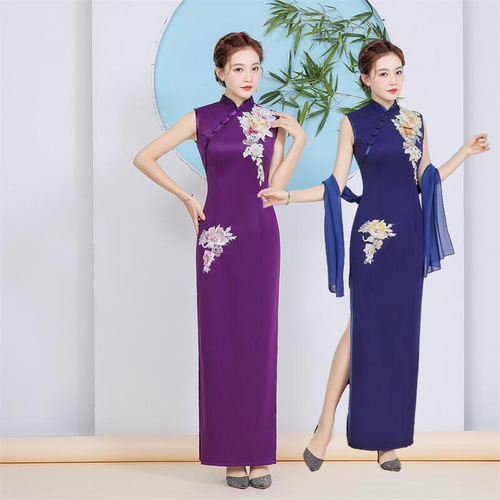 Chinese Dresses purple blue retro qipao flowers for women girls Long performance catwalk cheongsam Chinese style modified vintage elegant long cheongsam