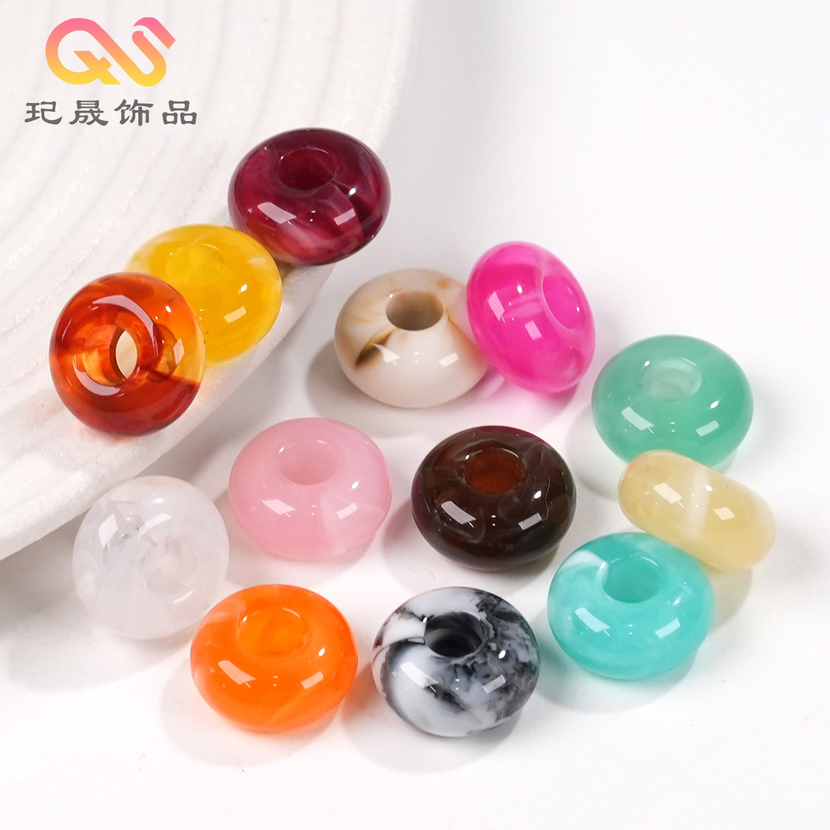 仿玉石云彩双色大孔算盘珠DIY手机链手串项链发绳中国风饰品配件