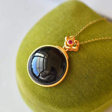 天然和田玉墨玉蛋面吊坠纯银S925圆形项链套链气质民族风复古女款