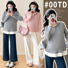 孕妇装秋装外穿宽松显瘦遮肉连帽假两件上衣秋冬季休闲潮妈打底衫