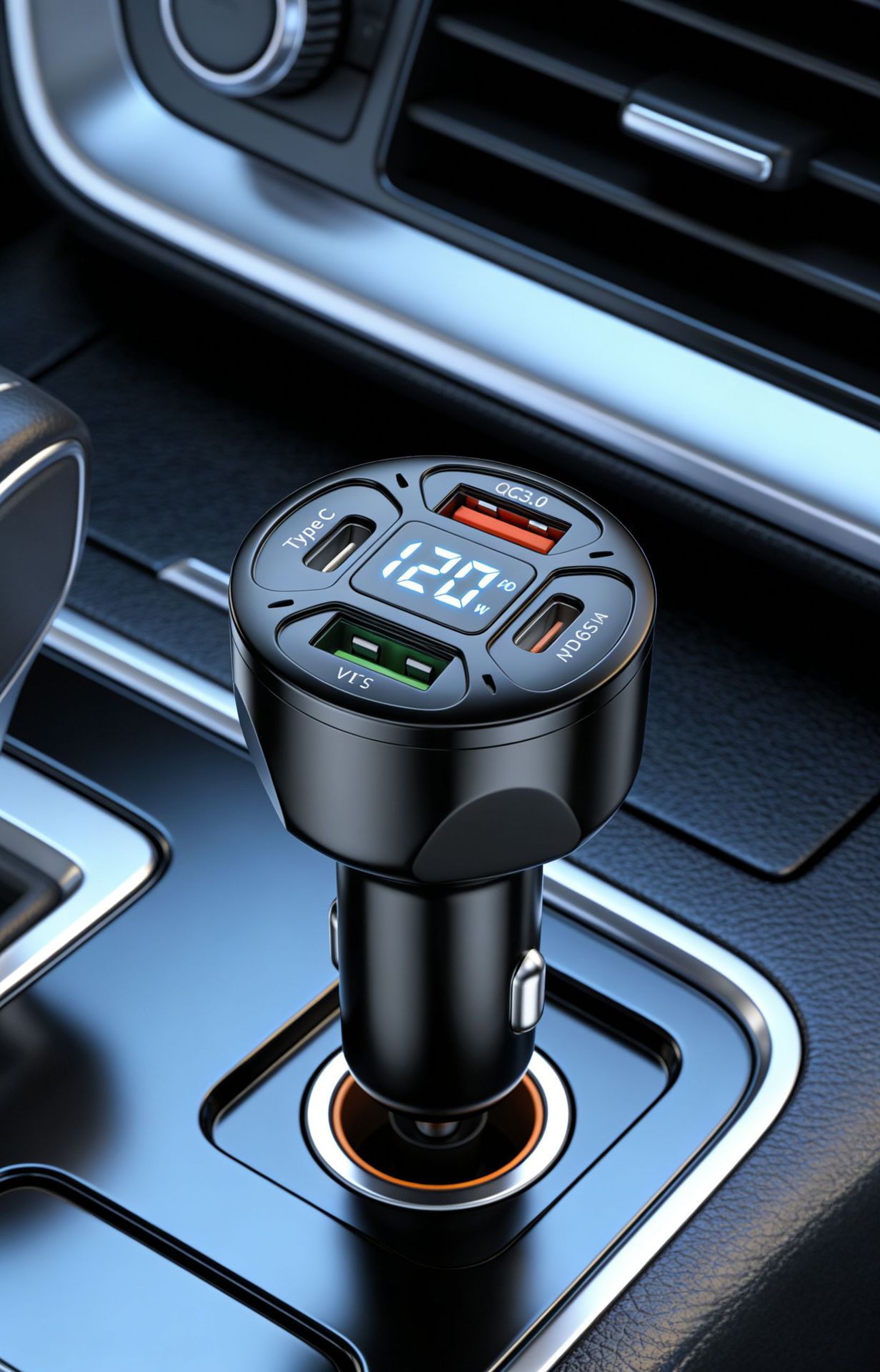 Cross-Border Digital Display Car Charger 66W 4Usb Car Charger Super Fast Charging One-To-Four Multi-Port Qc3.0 Car Charger