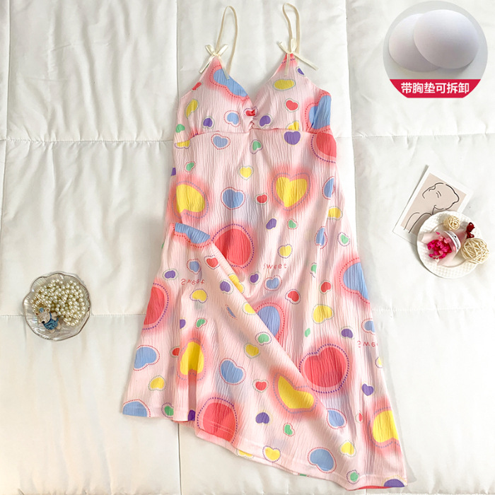 Verano nuevo estilo dulce amor camisón falda media femenina con almohadilla en el pecho lindo algodón imitación pliegue tirantes hogar camisón delgado