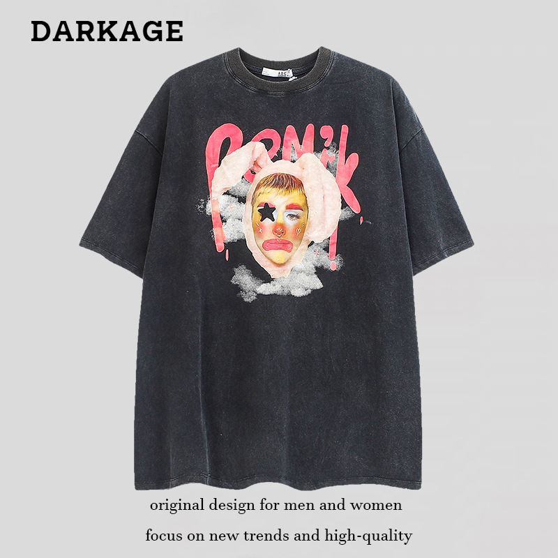 La marca de moda lavada vintage payaso impreso camiseta de manga corta para hombres y mujeres camiseta de media manga de pareja de moda nacional de moda