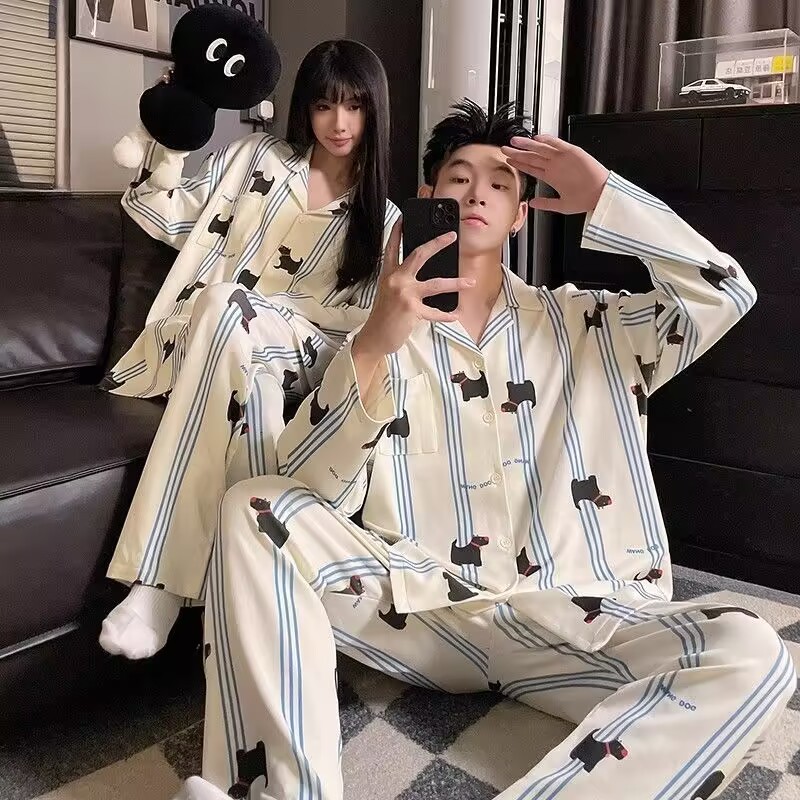 파란색 라인 강아지 긴팔 긴바지