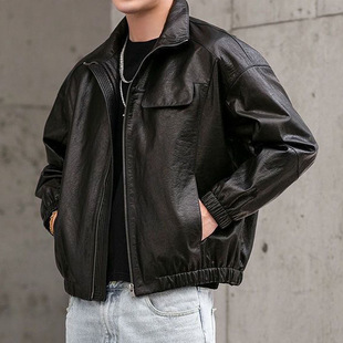 New Haining Oil Wax Leather Men's Cowhide Short Loose Shoulder Bat Sleeve Motorcycle Leather Jacket Trendy Coat