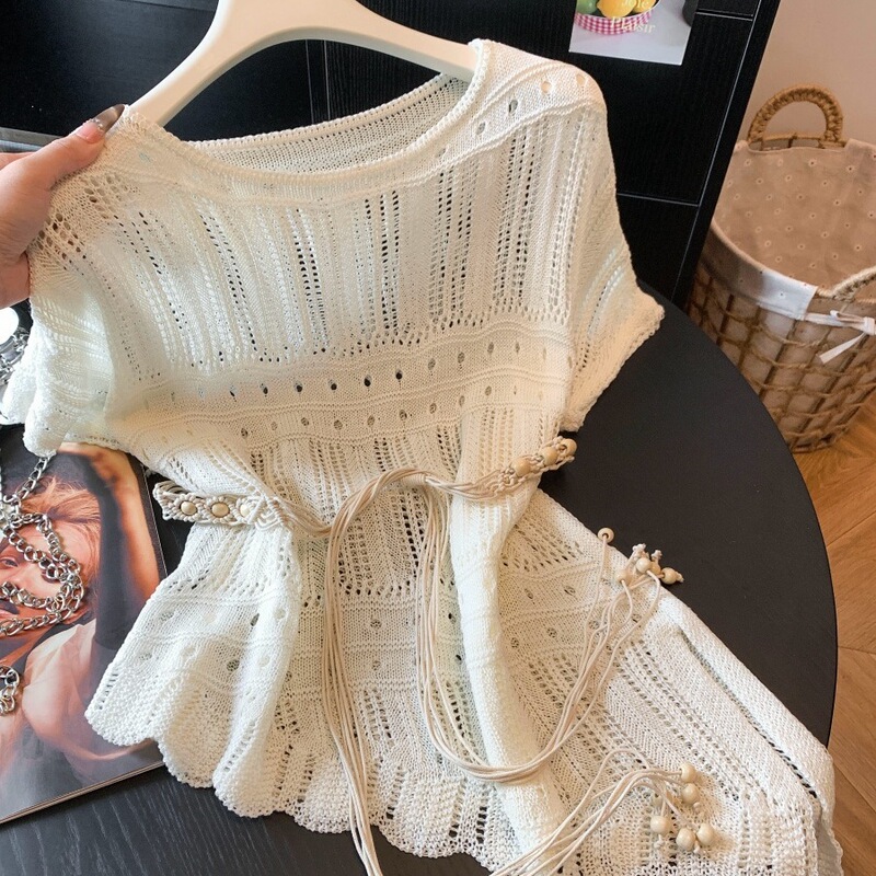 French Bohemian Resort Style Knitted Sun Protection Cover-Up for Women, Summer Thin Style, Gentle Style, with Belt, T-Shirt Top French Bohemian Resort Style Knitted Sun Protection Cover-Up for Women, Summer Thin Style, Gentle Style, with Belt, T-Shirt Top