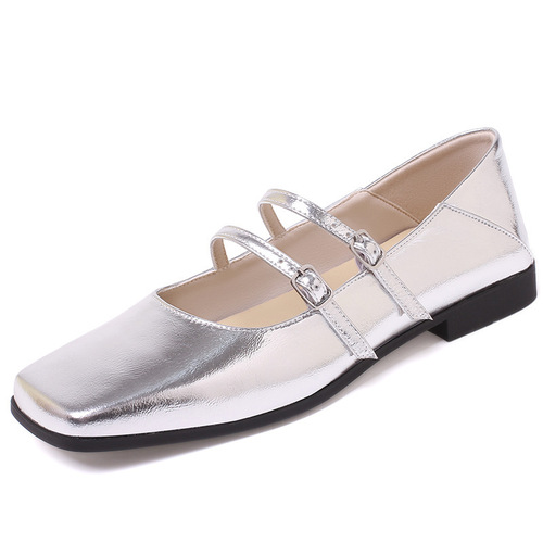 2024 French Square Head Cross Strap Low-Heeled Flat Silver Ballet Flats Retro Single Strap Mary Jane Shoes for Women