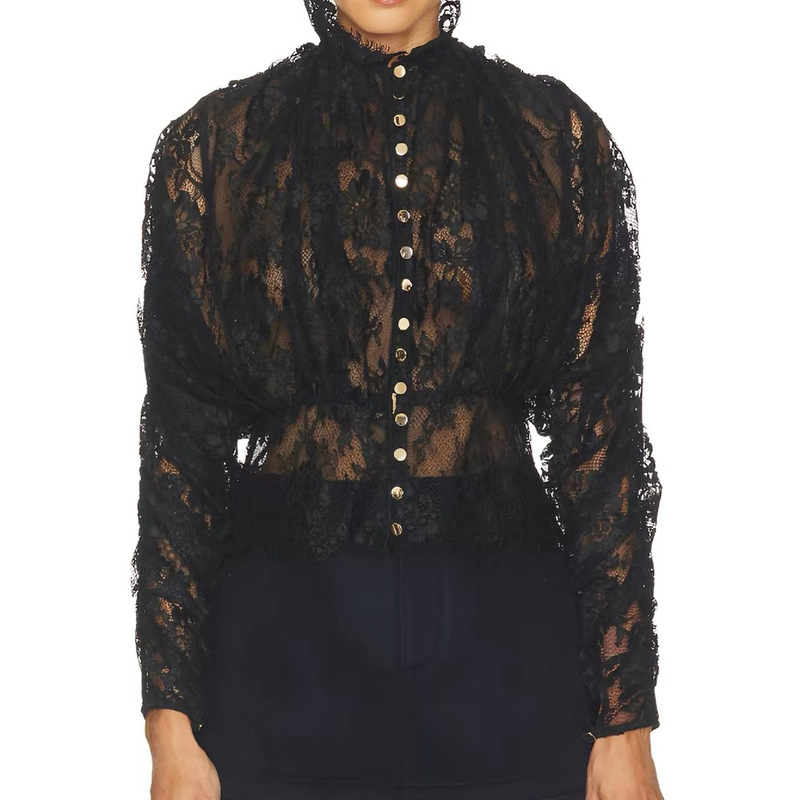 Cross-border foreign trade long-sleeve lace shirt with gold buttons, waist-cinching, slimming, suitable for banquets and parties, French elegant vintage blouse
