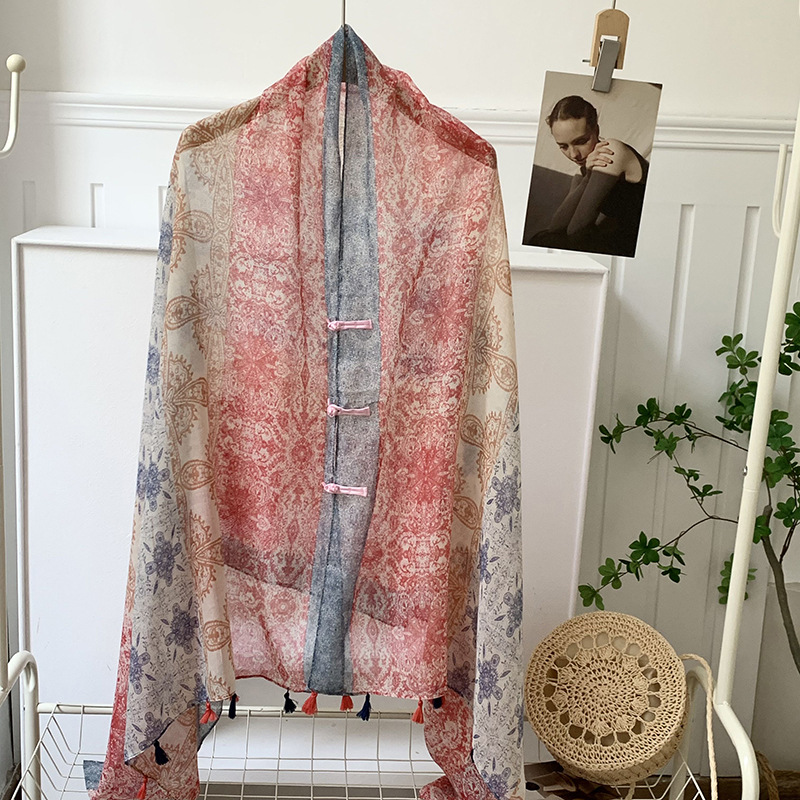 Verano de alta gama ropa exterior de mujer estilo étnico retro protector solar hebilla chal Yunnan Qinghai turismo bufanda de seda
