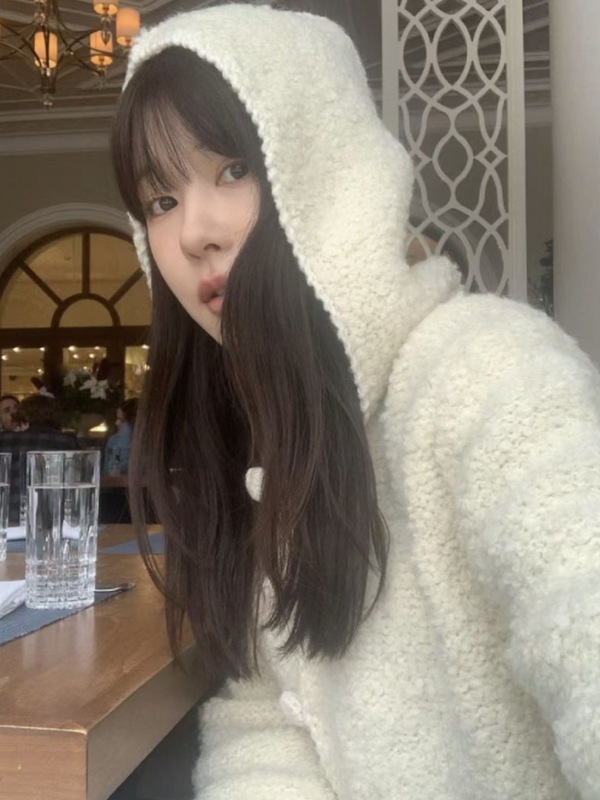 现 howus圈圈纱羊毛连帽开衫韩国设计师女装奶白色韩系毛衣外套|undefined