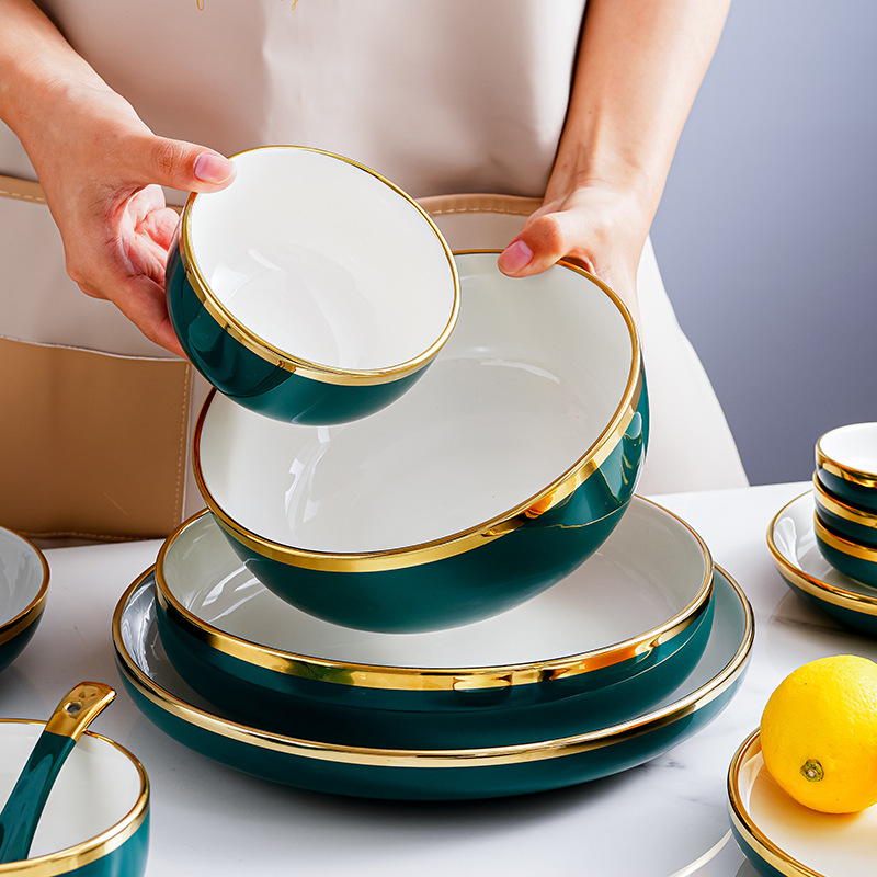 Nórdico tazón plato traje hogar Luz lujo oro Borde de cerámica plato de arroz combinación ins Internet celebridad Esmeralda vajilla